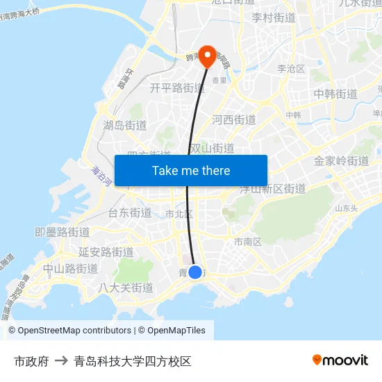 市政府 to 青岛科技大学四方校区 map