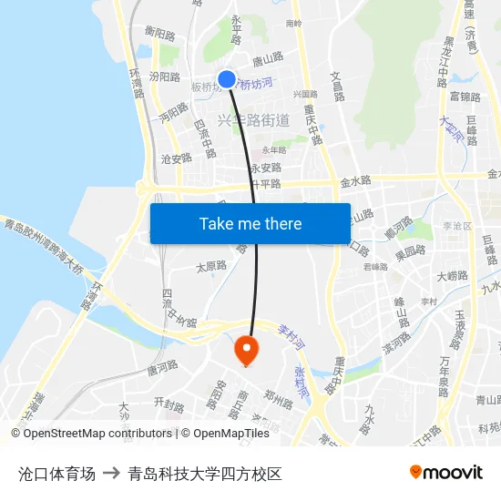 沧口体育场 to 青岛科技大学四方校区 map