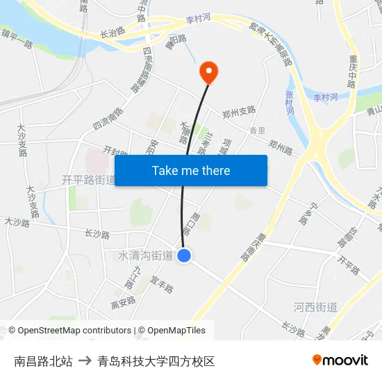 南昌路北站 to 青岛科技大学四方校区 map