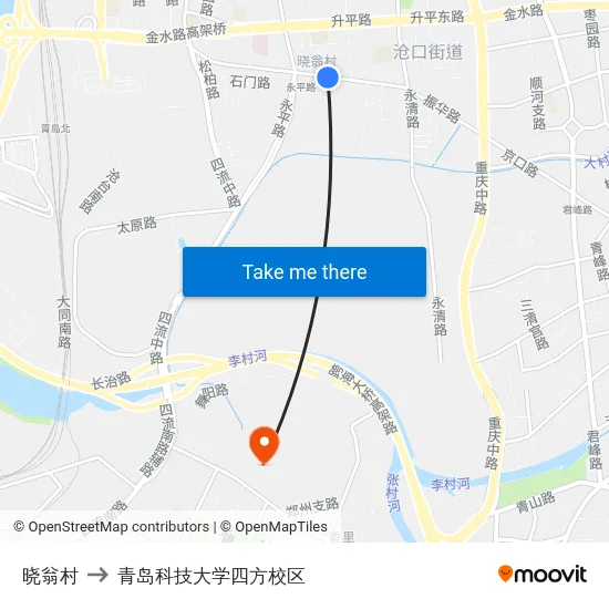 晓翁村 to 青岛科技大学四方校区 map