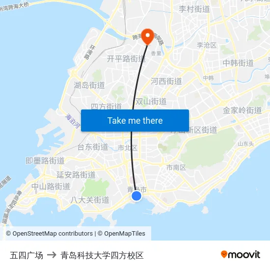 五四广场 to 青岛科技大学四方校区 map