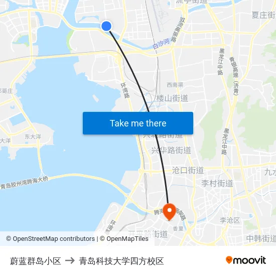 蔚蓝群岛小区 to 青岛科技大学四方校区 map