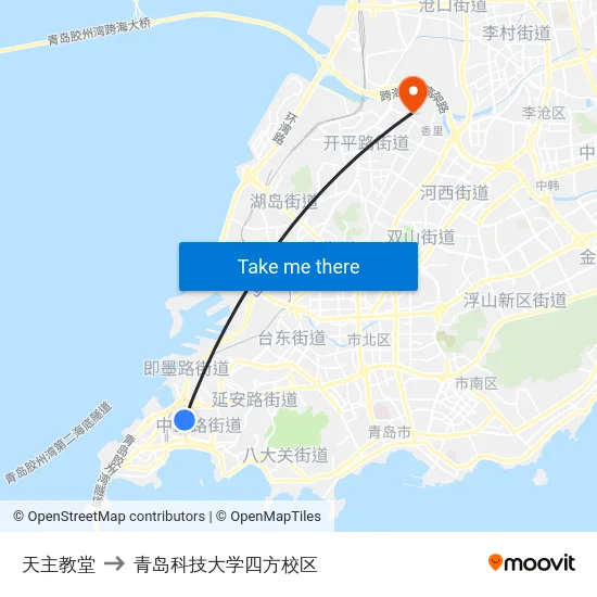 天主教堂 to 青岛科技大学四方校区 map
