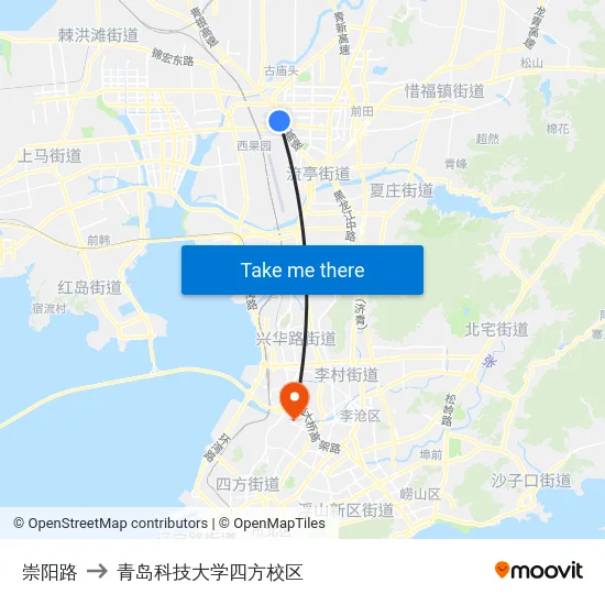 崇阳路 to 青岛科技大学四方校区 map