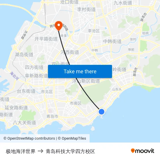 极地海洋世界 to 青岛科技大学四方校区 map