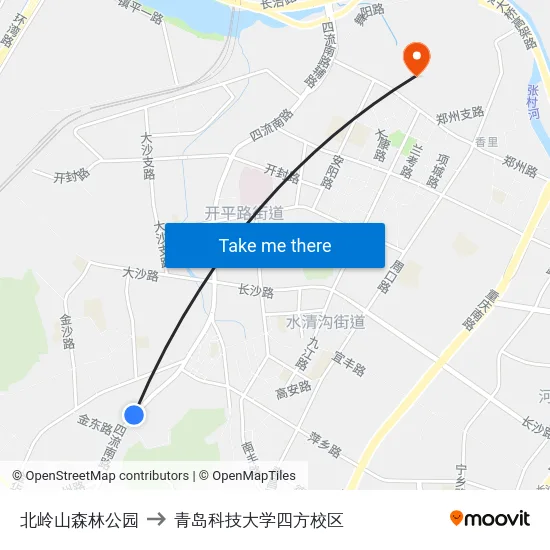 北岭山森林公园 to 青岛科技大学四方校区 map