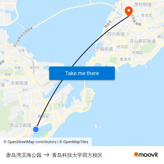 唐岛湾滨海公园 to 青岛科技大学四方校区 map