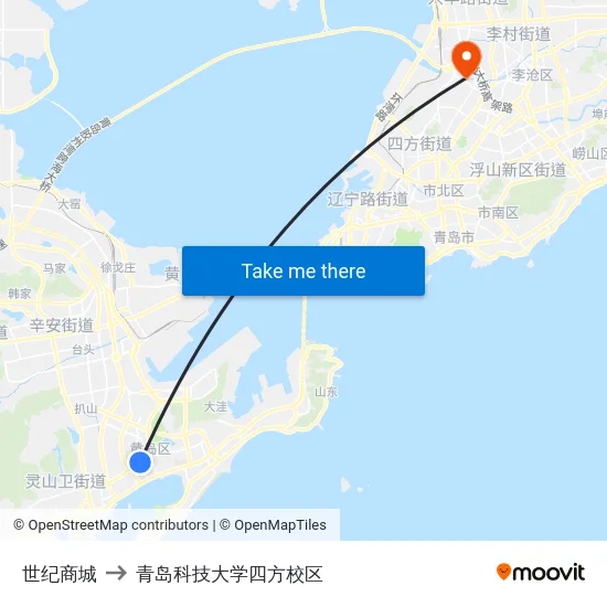 世纪商城 to 青岛科技大学四方校区 map