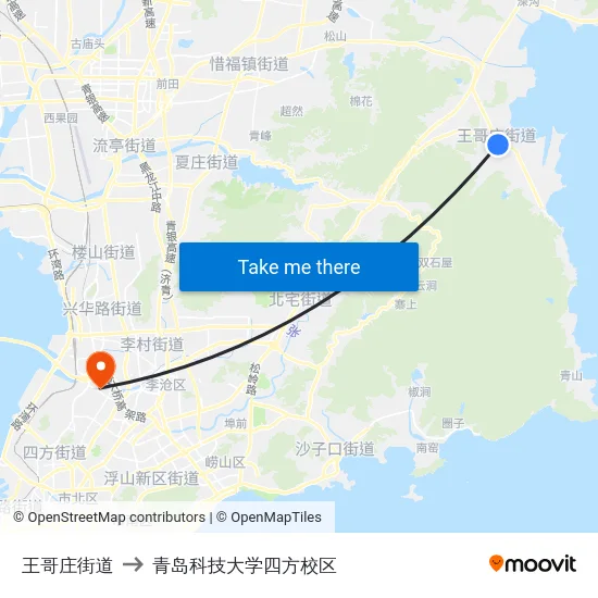 王哥庄街道 to 青岛科技大学四方校区 map