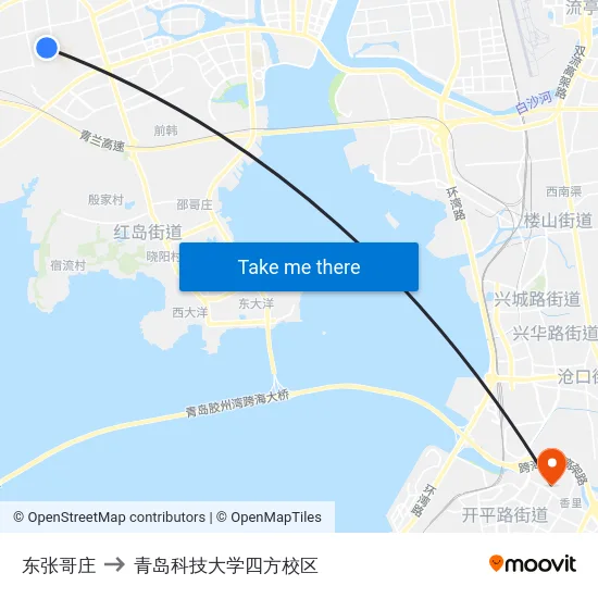 东张哥庄 to 青岛科技大学四方校区 map