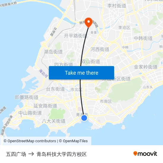 五四广场 to 青岛科技大学四方校区 map