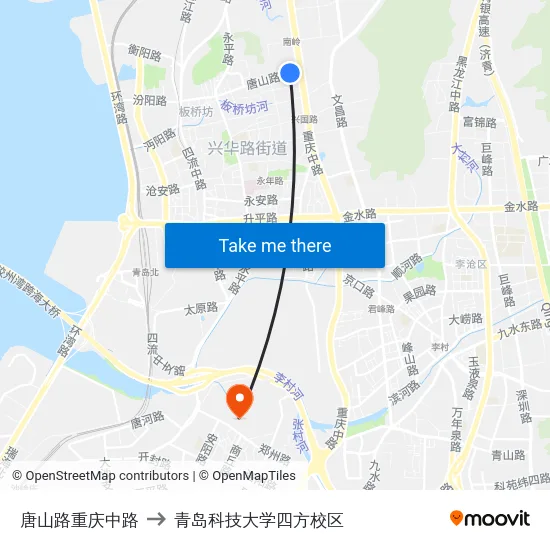 唐山路重庆中路 to 青岛科技大学四方校区 map