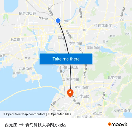 西元庄 to 青岛科技大学四方校区 map