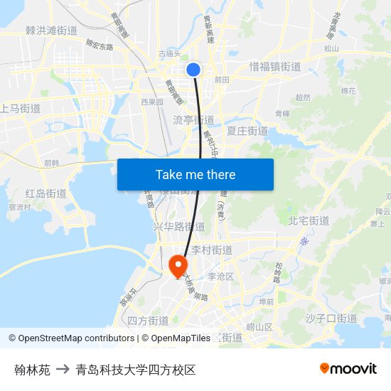 翰林苑 to 青岛科技大学四方校区 map