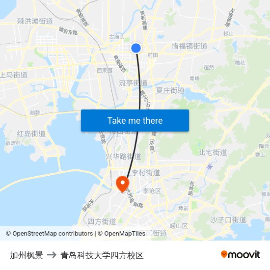 加州枫景 to 青岛科技大学四方校区 map