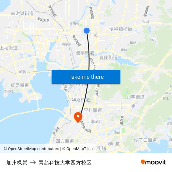 加州枫景 to 青岛科技大学四方校区 map