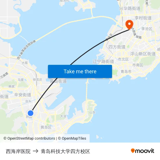 西海岸医院 to 青岛科技大学四方校区 map