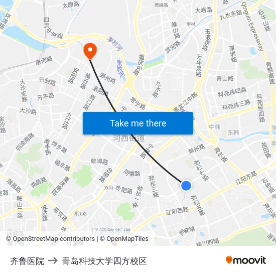 齐鲁医院 to 青岛科技大学四方校区 map