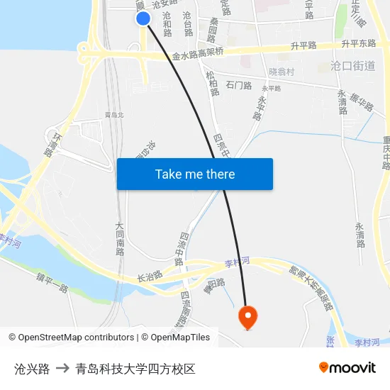 沧兴路 to 青岛科技大学四方校区 map