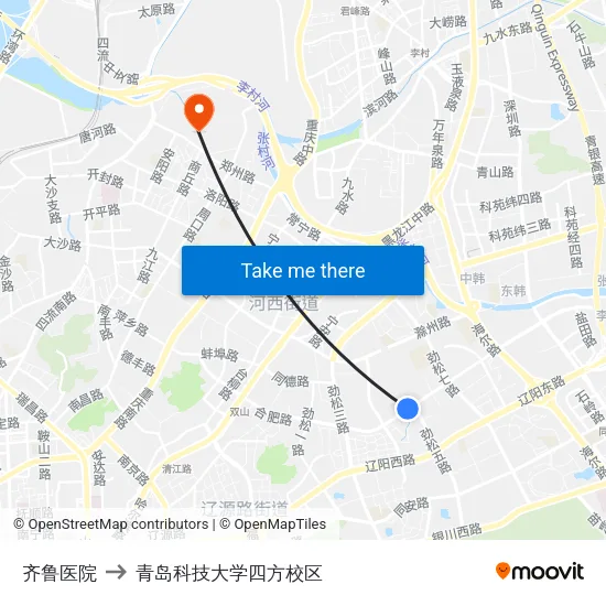 齐鲁医院 to 青岛科技大学四方校区 map