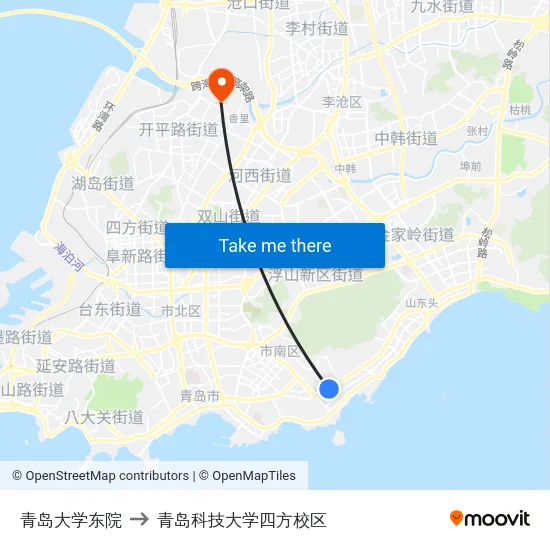 青岛大学东院 to 青岛科技大学四方校区 map
