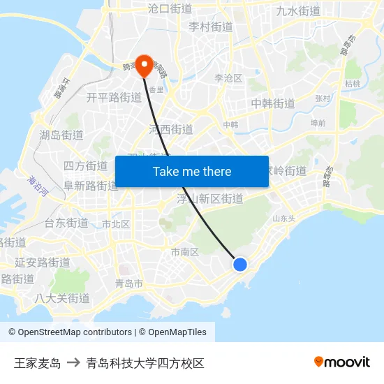 王家麦岛 to 青岛科技大学四方校区 map