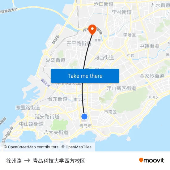 徐州路 to 青岛科技大学四方校区 map