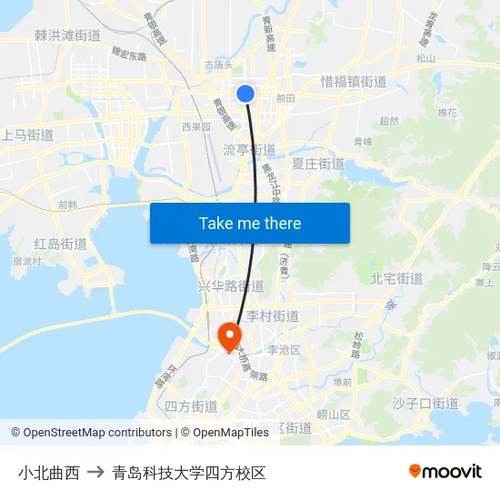 小北曲西 to 青岛科技大学四方校区 map