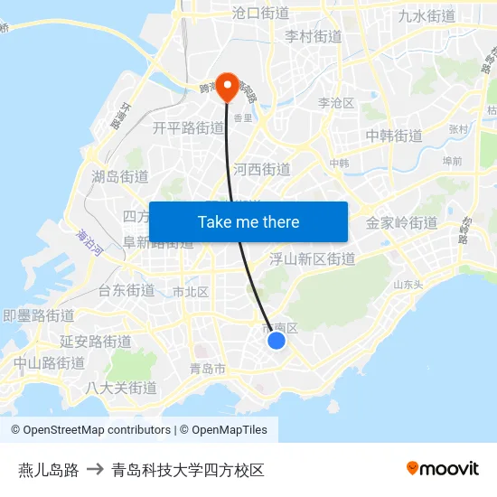 燕儿岛路 to 青岛科技大学四方校区 map