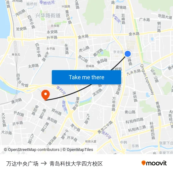 万达中央广场 to 青岛科技大学四方校区 map