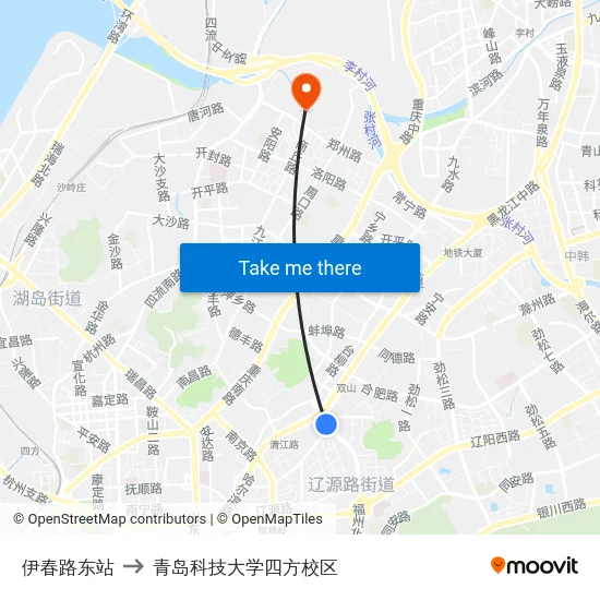 伊春路东站 to 青岛科技大学四方校区 map