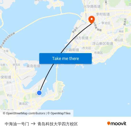 中海油一号门 to 青岛科技大学四方校区 map