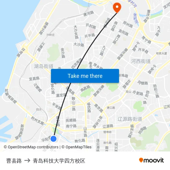 曹县路 to 青岛科技大学四方校区 map