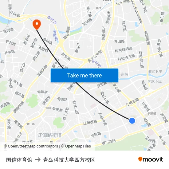 国信体育馆 to 青岛科技大学四方校区 map