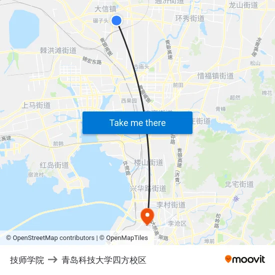 技师学院 to 青岛科技大学四方校区 map