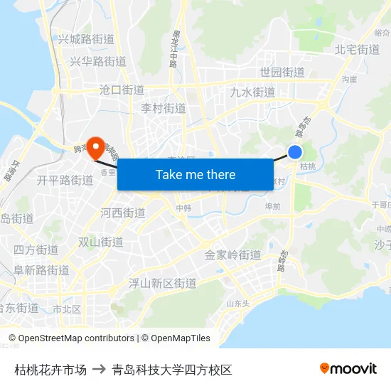 枯桃花卉市场 to 青岛科技大学四方校区 map