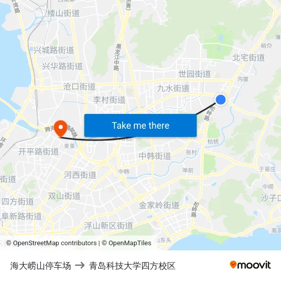 海大崂山停车场 to 青岛科技大学四方校区 map