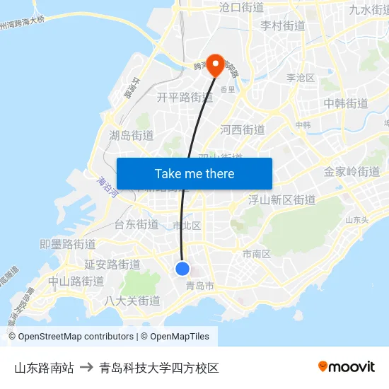 山东路南站 to 青岛科技大学四方校区 map