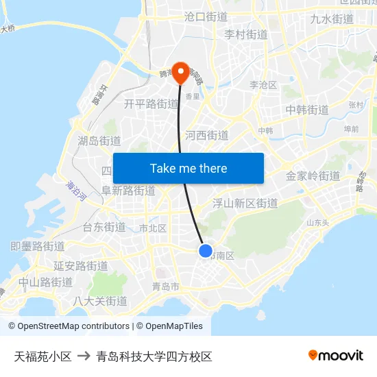 天福苑小区 to 青岛科技大学四方校区 map