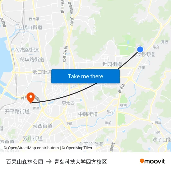 百果山森林公园 to 青岛科技大学四方校区 map