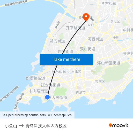 小鱼山 to 青岛科技大学四方校区 map