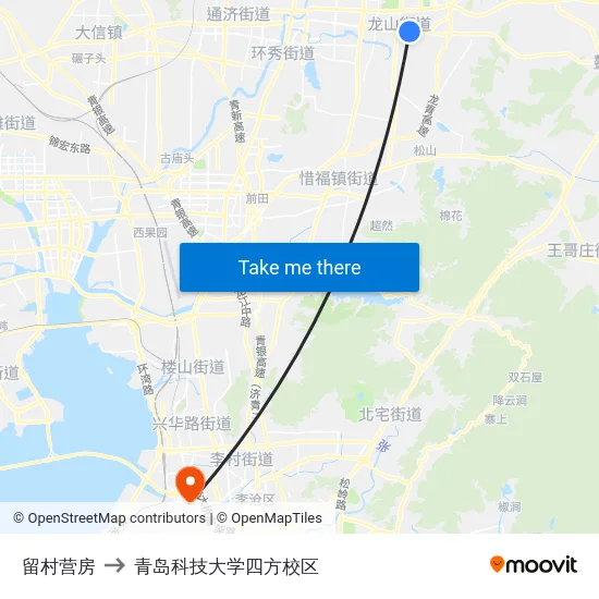 留村营房 to 青岛科技大学四方校区 map