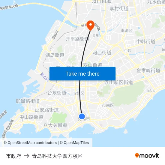 市政府 to 青岛科技大学四方校区 map