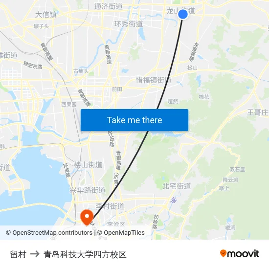 留村 to 青岛科技大学四方校区 map