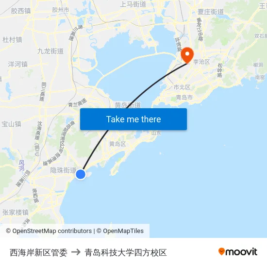 西海岸新区管委 to 青岛科技大学四方校区 map