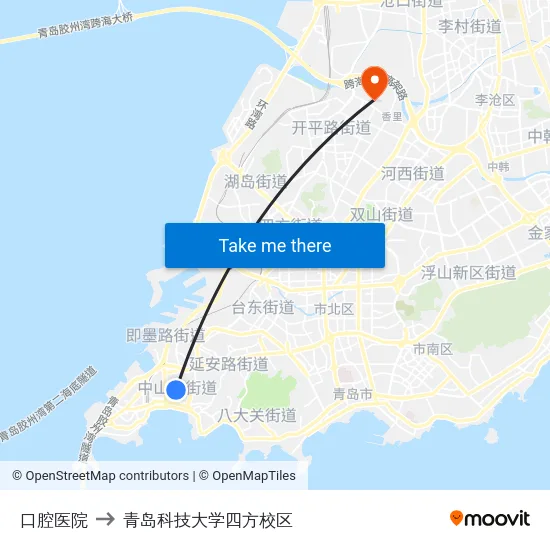 口腔医院 to 青岛科技大学四方校区 map