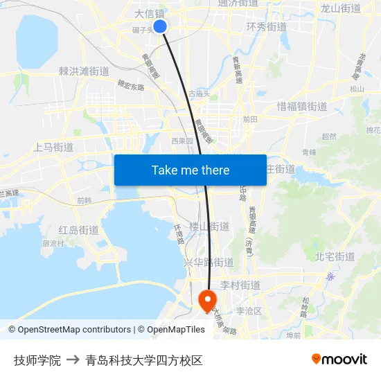 技师学院 to 青岛科技大学四方校区 map