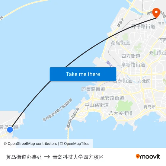 黄岛街道办事处 to 青岛科技大学四方校区 map