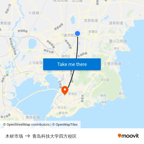 木材市场 to 青岛科技大学四方校区 map