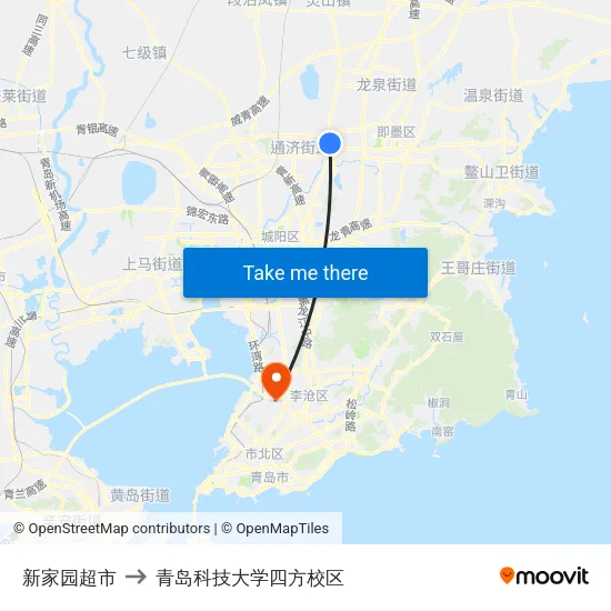 新家园超市 to 青岛科技大学四方校区 map